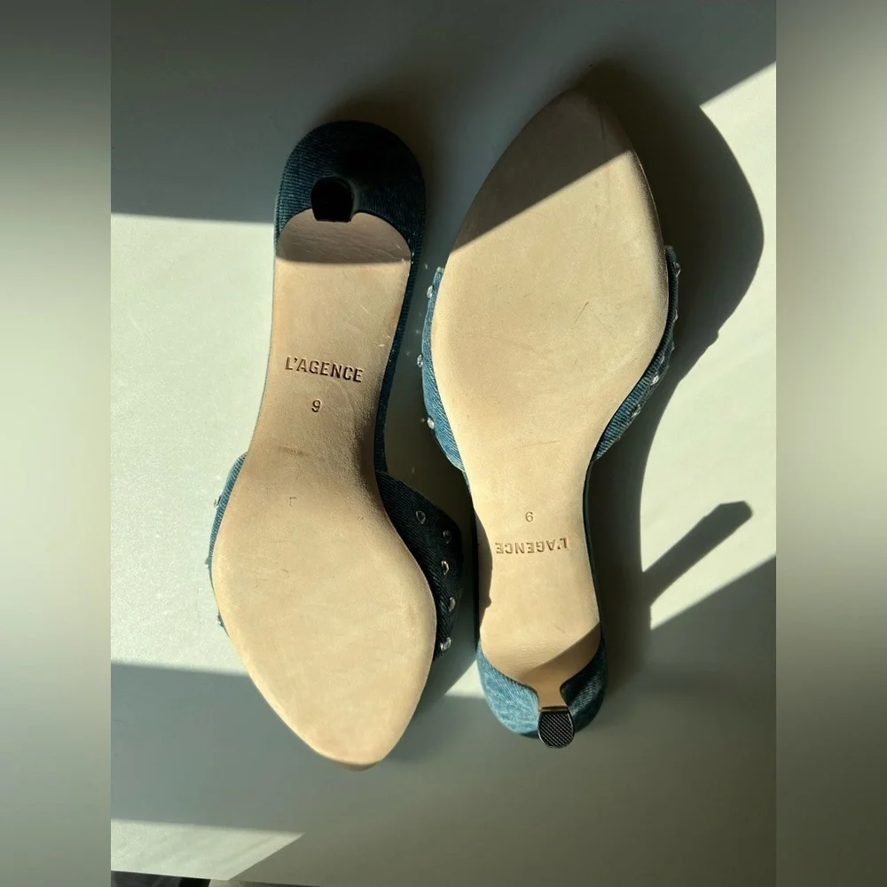 L’Agence Blue Denim Crystal Studded Mule Heels Size 9